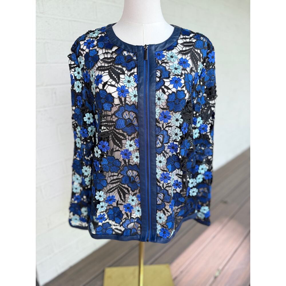 “Bagatelle Blue Floral Cut-Out Lace Jacket Faux Leather Trim Zip Large Boho Chic